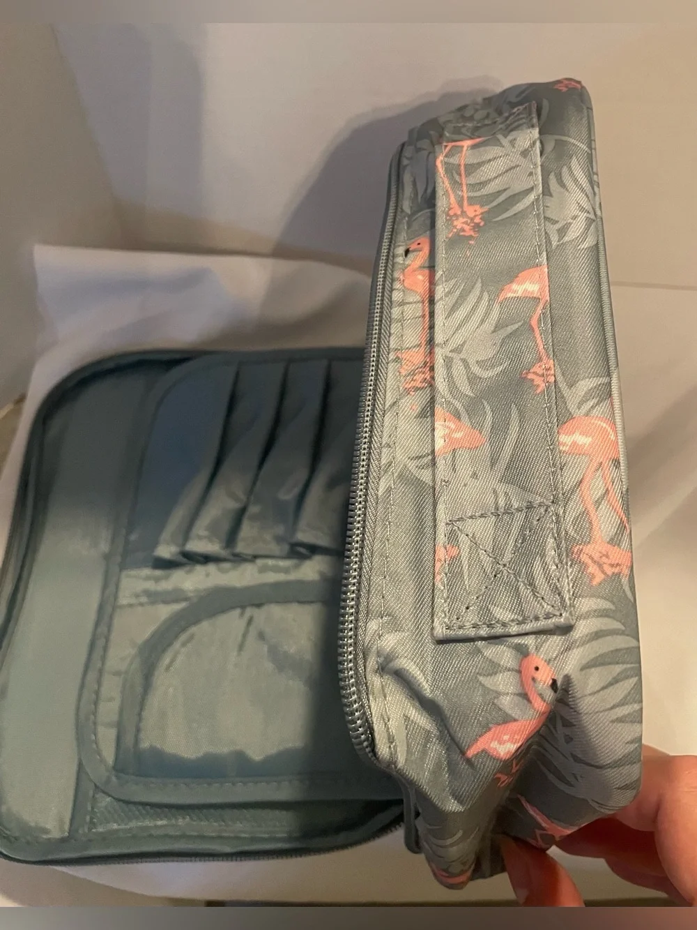 Flamingo print travel toiletry/cosmetic bag + matching small wristlet pouch set.